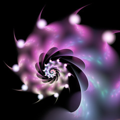 Abstract glossy spiral on black background. Fantasy fractal artwork in pastel pink and blue colors. 3D rendering.