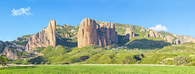 Panorama of Mallos De Riglos rocks in Huesca province, Aragon, Spain - obrazy, fototapety, plakaty