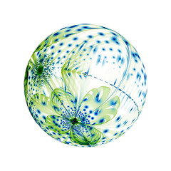 Abstract ornamented sphere with flowers and dots on white background. Fantasy fractal design in blue and green colors. Psychedelic digital art. 3D rendering.