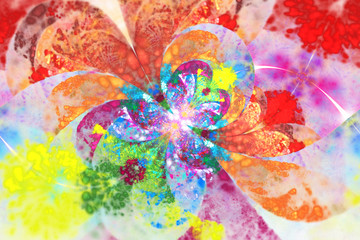 Abstract exotic flower. Fantasy fractal background. Digital artwork in red, yellow, pink, green and blue colors. 3D rendering.