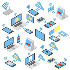 Set of different wireless mobile devices, buying, on the internet for sale. Isometric vector illustration