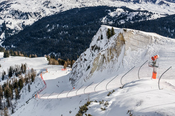 Cloudy view of Dolomite Alps near Alta Badia of Val di Fassa, Trentino-Alto-Adige region, Italy.