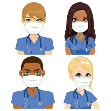 Health nurse team people wearing surgical mask with stethoscope