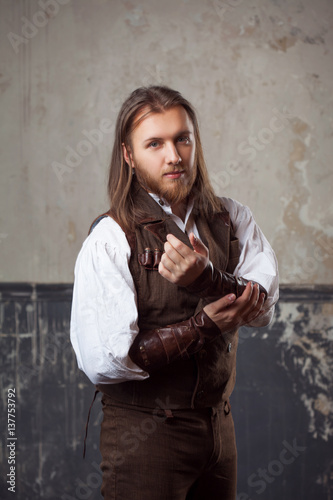Handsome Male Steam Punk Retro Man Portrait Over Grunge
