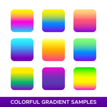 Vector set of colorful gradient samples. Multicolored square plates with tropical and rasta colors isolated on white.