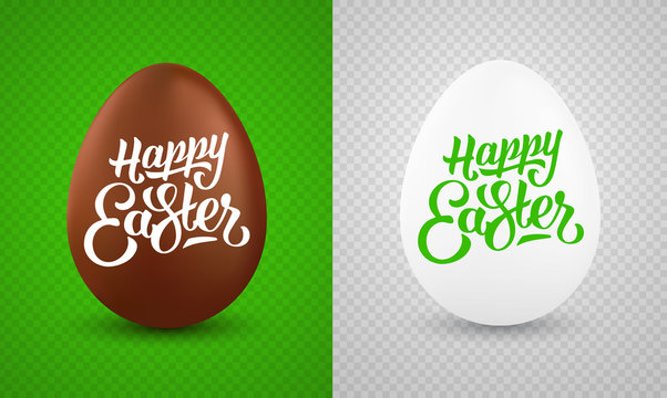 Set of realistic easter eggs on transparent background. Vector illustration with Happy Easter greetings text.