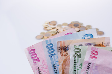 Turkish Lira coins and banknotes side by side