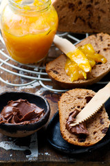 chocolate brioche with orange jam.selective focus
