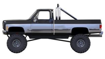 Large pickup truck off-road. Full - training. Highly raised suspension. Huge wheels with spikes for rocks and mud. 3d illustration. © whitecityrecords
