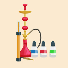Colorful and modern red hookah isolated with bottled liquid vector illustration