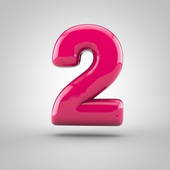 Glossy pink paint number 2. 3D render of bubble font with glint isolated on white background.