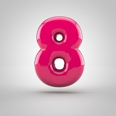 Glossy pink paint number 8. 3D render of bubble font with glint isolated on white background.