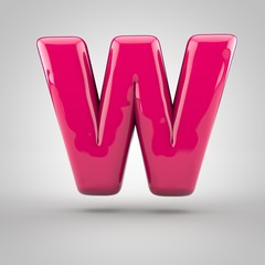 Glossy pink paint letter W uppercase. 3D render of bubble font with glint isolated on white...
