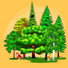 Naklejka premium Forest green trees on the grass bush in summer landscape background. Nature landscape design elements isolated with green trees, grass bush and animals. Isolated ecology natural wood trees set vector.