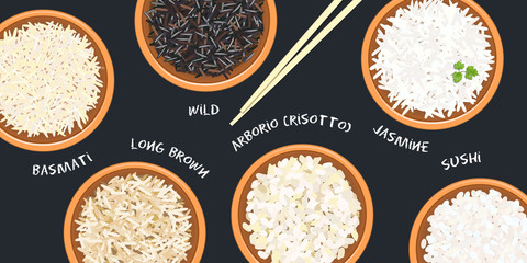 Different types of rice in ceramic bowls. Basmati, wild, jasmine, long brown, arborio, sushi. chopsticks. Kitchen bamboo mat