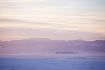 Lake Baikal, winter. Sunset landscape.
