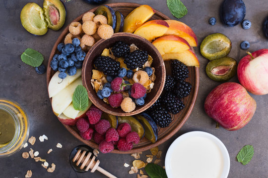 Healthy breakfast muesli with fresh berries and fruits