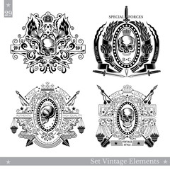 Skull with vintage elements, weapon and pattern. Set of vintage banners on white