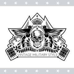 Skull front view between wings, wreath with swords and drums. Heraldic vintage label on white