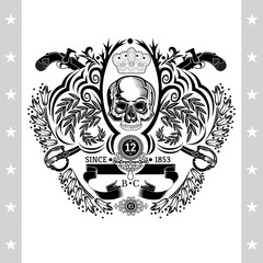Skull front view in center of floral pattern with cross vintag guns and sabers. Heraldic vintage label on white