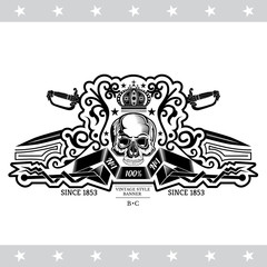 Skull front view without a lower jaw in center of winding ribbon with cross sword and plant pattern. Heraldic vintage label on white
