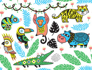 Seamless pattern with tropical animals