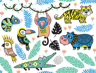 Obraz premium Seamless pattern with tropical animals