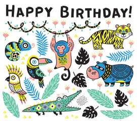 Cute happy birthday card with cartoon animals in the jungle