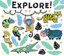 Hand drawn card with cool cartoon animals in the jungle © penguin_house