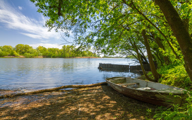 Naklejka premium Lonely wooden boat near the big lake in marshes (