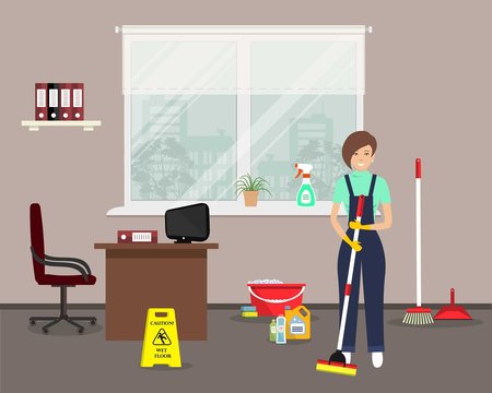 Web banner of an office cleaning lady. Young woman with a mop standing on the window background. There is also a "Caution! Wet floor" sign, a broom, a scoop in the picture. Vector flat illustration
