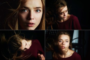 Beautiful girl looks piercing eyes into the camera. Hair flying. Drama. Studio photography in low...