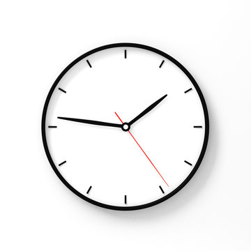  Simple classic black and white round wall clock on white 3d rendering