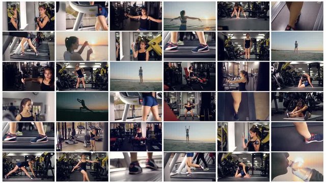 Videowall, split screnn - sport concept. Being fit multiscreen montage. 4K