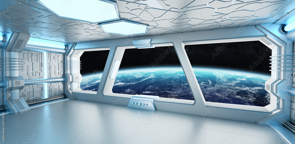 Poster Spaceship interior with view on the planet Earth 3D rendering elements of this image furnished by NASA