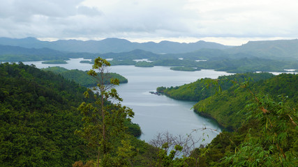 Fototapeta na wymiar ecosystem with lake green forest on mountain chain