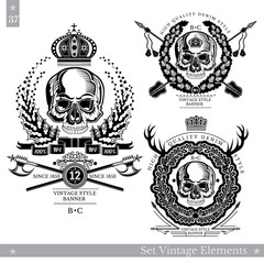 Fototapeta premium Skull front view without a lower jaw in the center of floral wreath with vintage weapon. Set of vintage banners on white
