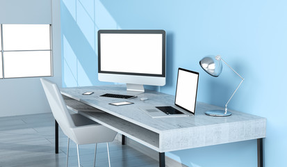 Modern desktop interior with blank screen devices 3D rendering