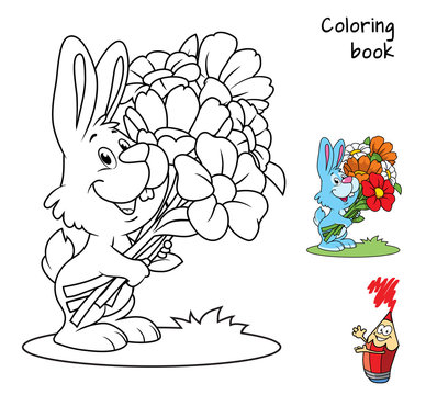 Cute little rabbit with a bouquet of flowers. Coloring book. Cartoon vector illustration