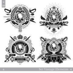 Skull front view with vintage weapon, wreath, line pattern. Set of vintage and nautical banners on white