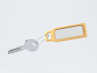 Gold plastic keyring with key 3d rendering