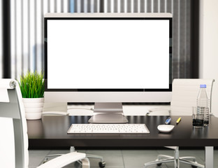 Fototapeta premium 3D Modern office with blank computer screen. Mockup