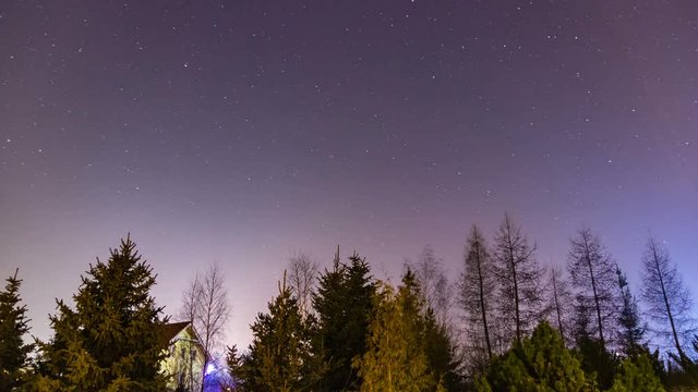 Stars moving on a night sky in the countryside forest time-lapse.