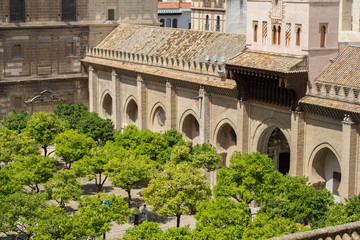 Fototapeta premium top view of sevilla cathedral courtyard with orange trees