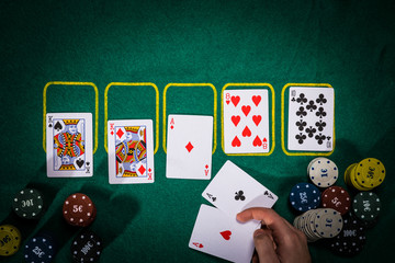 Poker concept with cards on green table. Hand-ranking categories: Full House