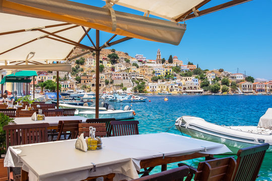 Fototapeta Cafe on Symi Island. Greece