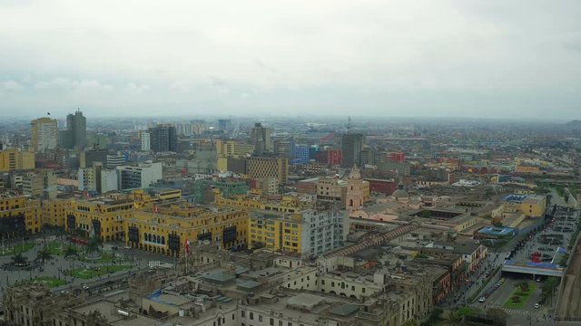 Lima Peru Aerial v36 Flying low over government historical district panning with cityscape views.