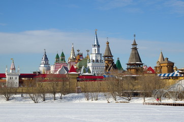 Moscow, Russia - February 16, 2017: Winter views of the Izmailovo Kremlin from the Serebryano-Vinogradny pond. Cultural-entertainment complex 