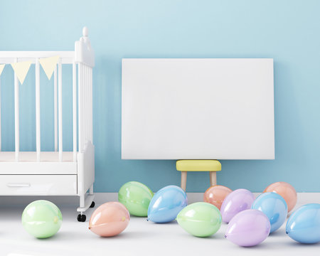 Poster blank mockup with colorful balloons in children room 3d rendering