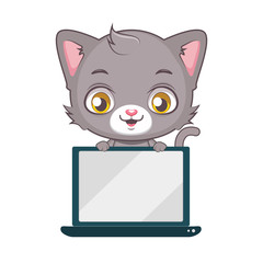 Cute gray cat character holding a laptop